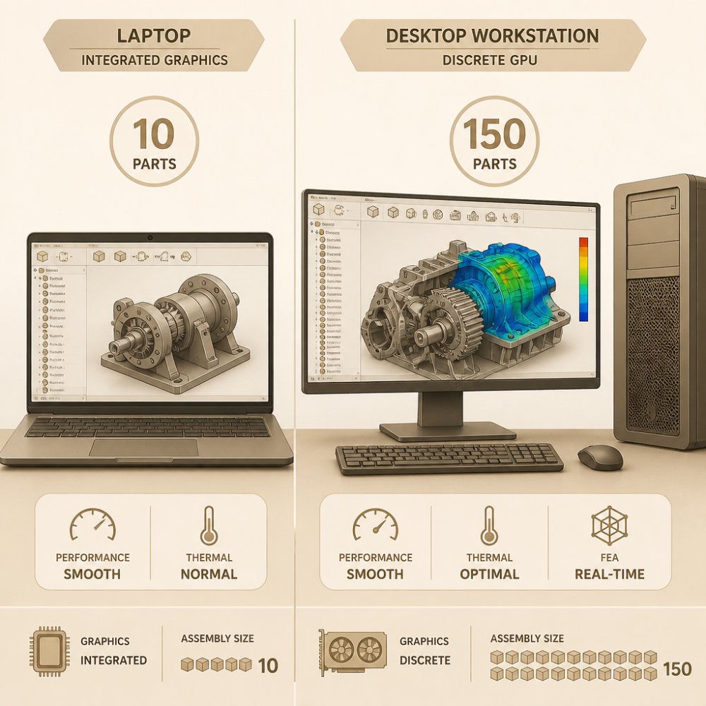 Comparison diagram showing assembly performance differences between a laptop and a workstation during FEA analysis.