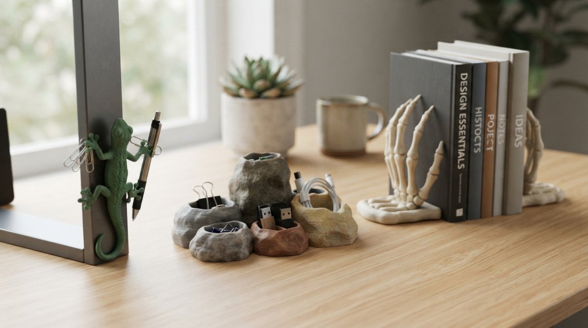 A tidy desk setup featuring the Magnetic Gecko Buddy clinging to a metal stand, the Blob Prehistoric Rocks set, and a Skeleton Hand Bookstop holding books, all in natural light