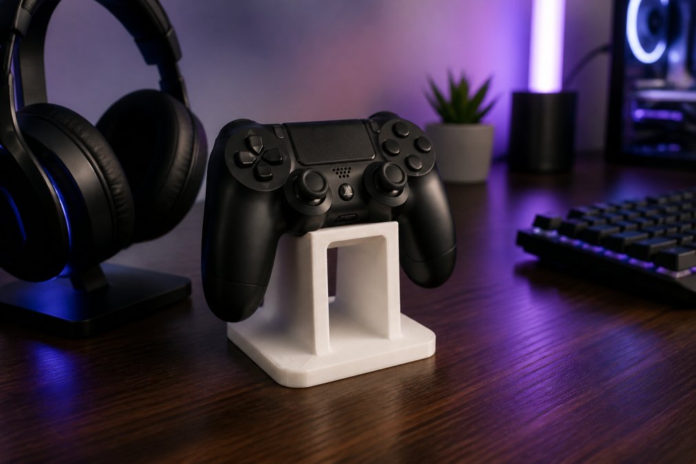 A neatly organized gaming desk featuring a 3D printed controller stand holding a wireless controller, with a headset on a nearby mount and soft RGB lighting in the background