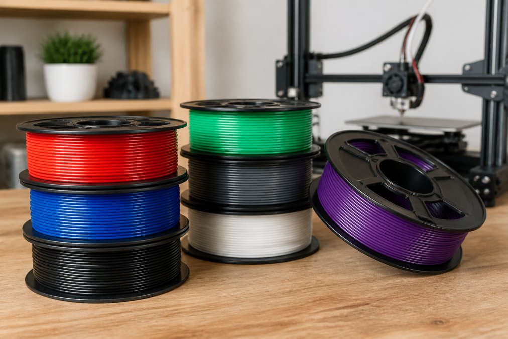 Close-up of various colored Hatchbox PLA spools arranged on a clean workspace with a 3D printer visible in soft focus in the background
