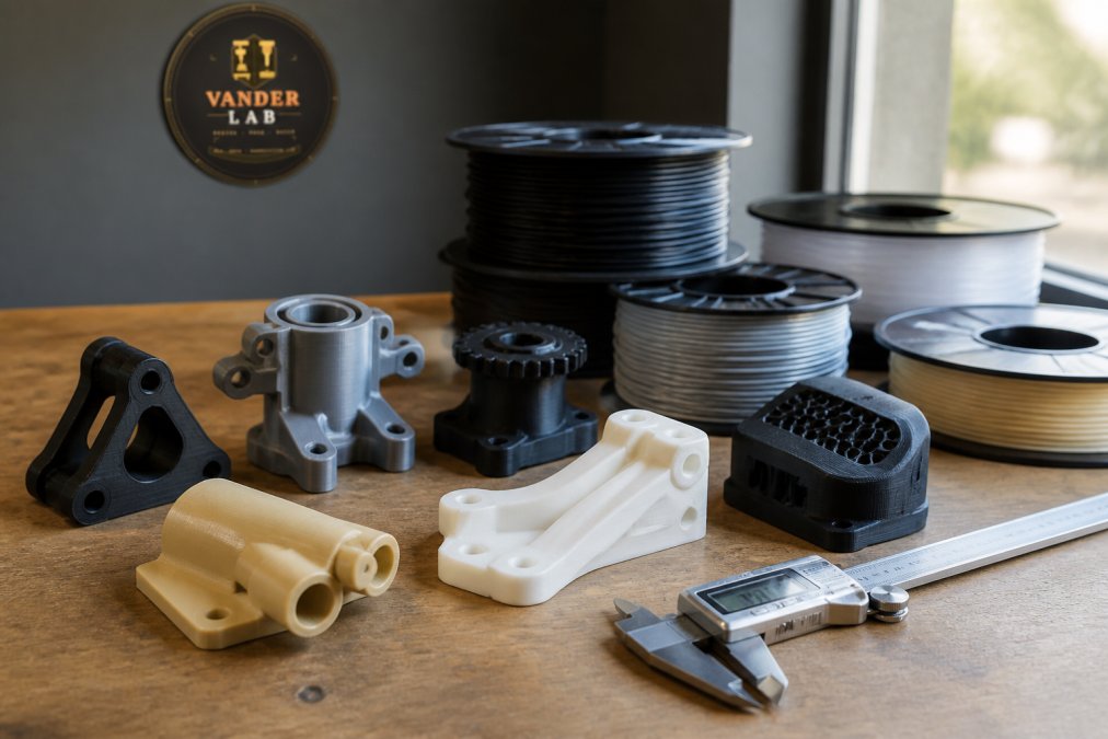 Comparison table of 3d printing materials displaying strength, heat resistance, and printability for functional parts