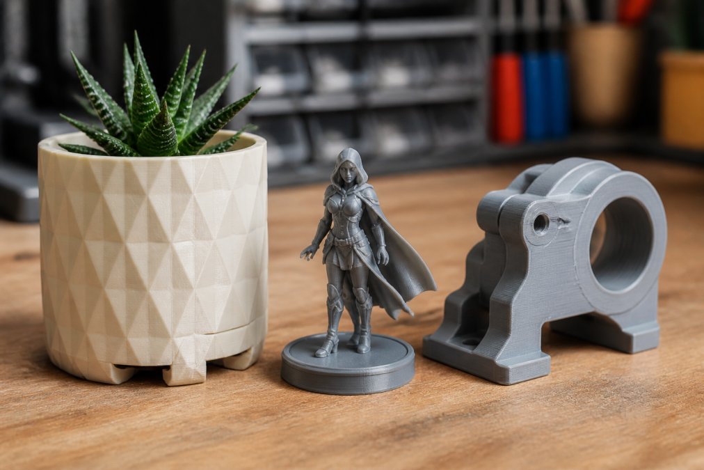 Close-up of finished 3D-printed objects on a workbench, including a decorative planter with visible drainage holes, miniature figurine with fine detail work, and functional mechanical part, showing surface quality and layer resolution under natural studio lighting