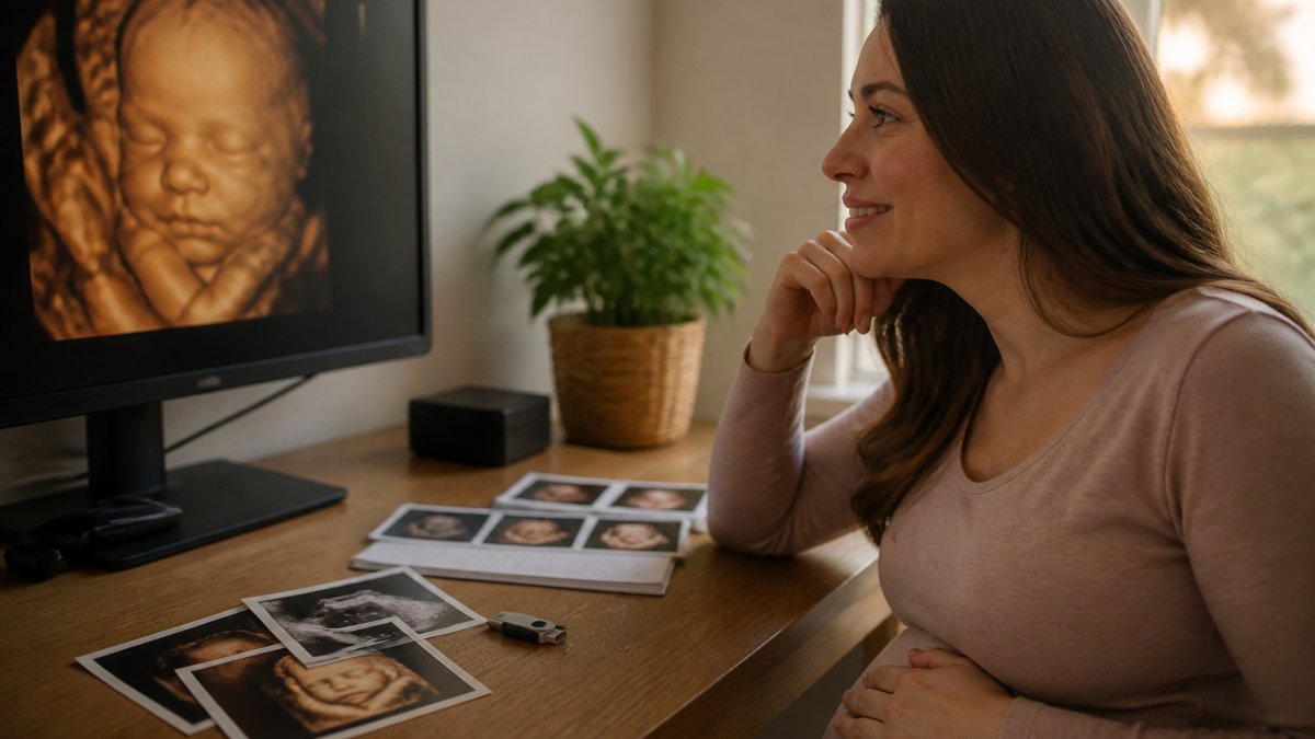 Expectant mother viewing 3D ultrasound images on a clinical monitor screen during an appointment, with printed keepsake photos and a USB drive visible on the desk beside her, soft natural lighting from the window