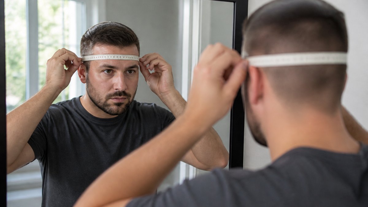 A rider standing in front of a bathroom mirror with a soft measuring tape wrapped level around their head just above the eyebrows, bright natural light from a window, focused expression