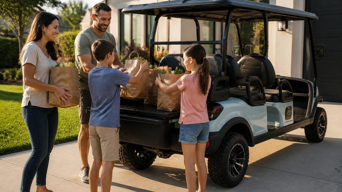 A family of four loading grocery bags into the rear cargo bed of a modern four-seater golf cart parked in a sunny suburban driveway, late afternoon light