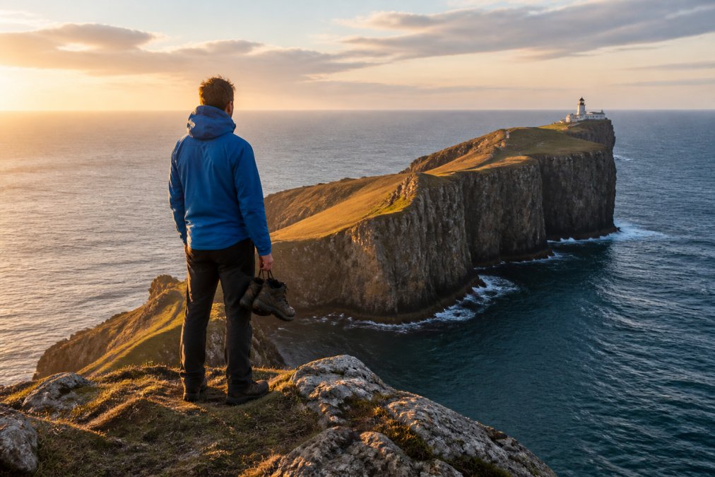 Hiker standing at Neist Point clifftop viewpoint at golden hour, rugged coastal cliffs dropping to turbulent sea below, wearing waterproof jacket and holding walking boots, dramatic light catching the cliff faces