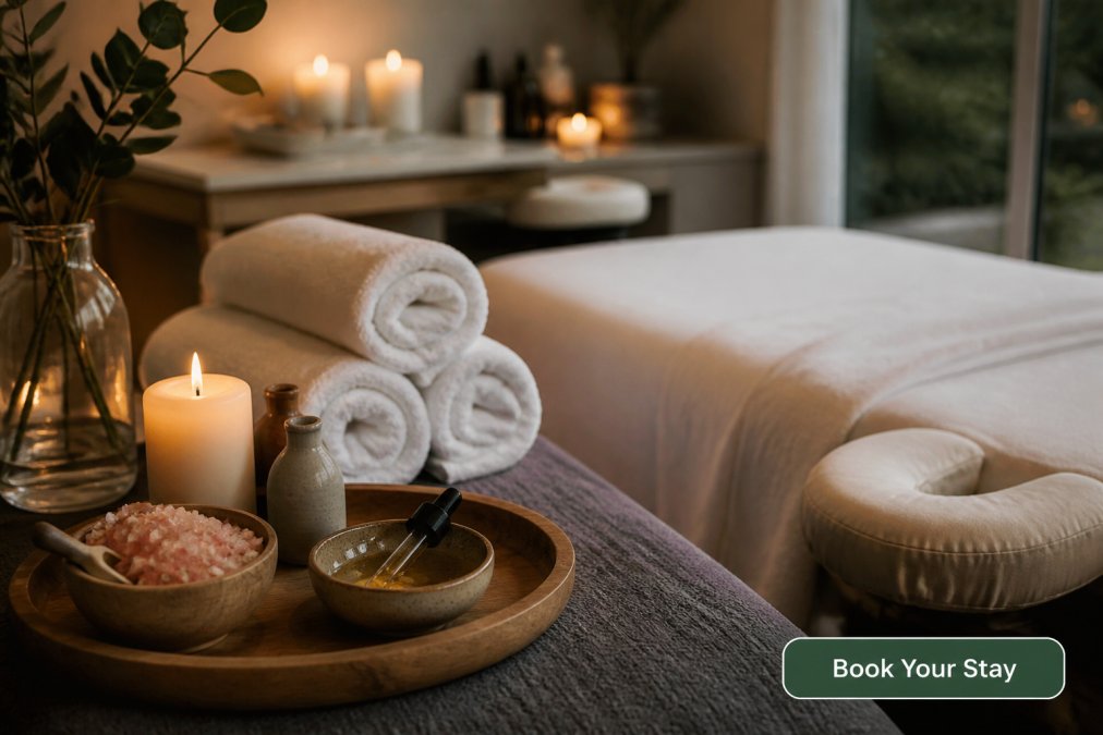 Five-step process for a wellness retreat Tasmania stress release session featuring a serene treatment room setup.