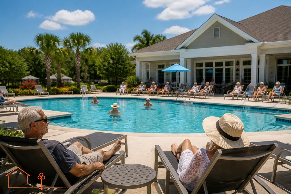 Active adults enjoying outdoor activities at a resort-style community pool area with landscaped grounds and modern amenities in afternoon sunlight