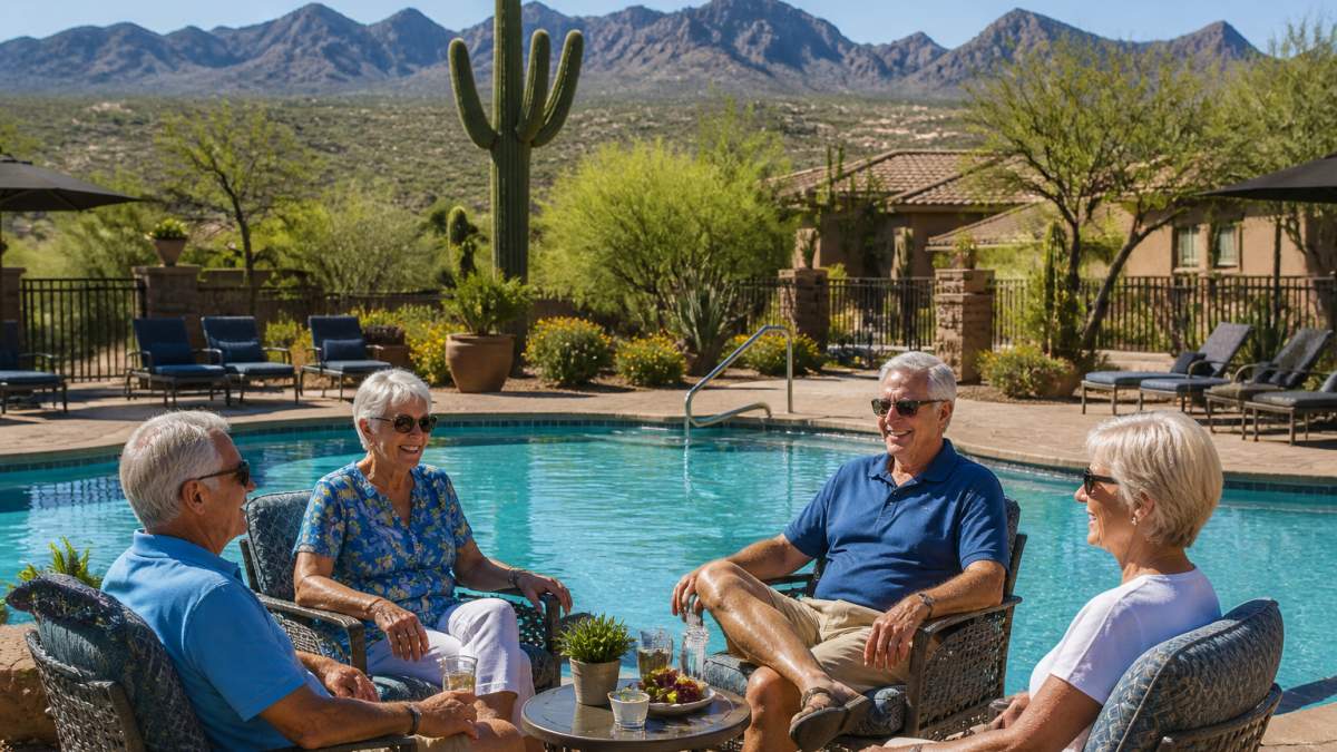Active retirees enjoying poolside social gathering at resort-style community with desert mountains and Sonoran Desert landscape visible in background