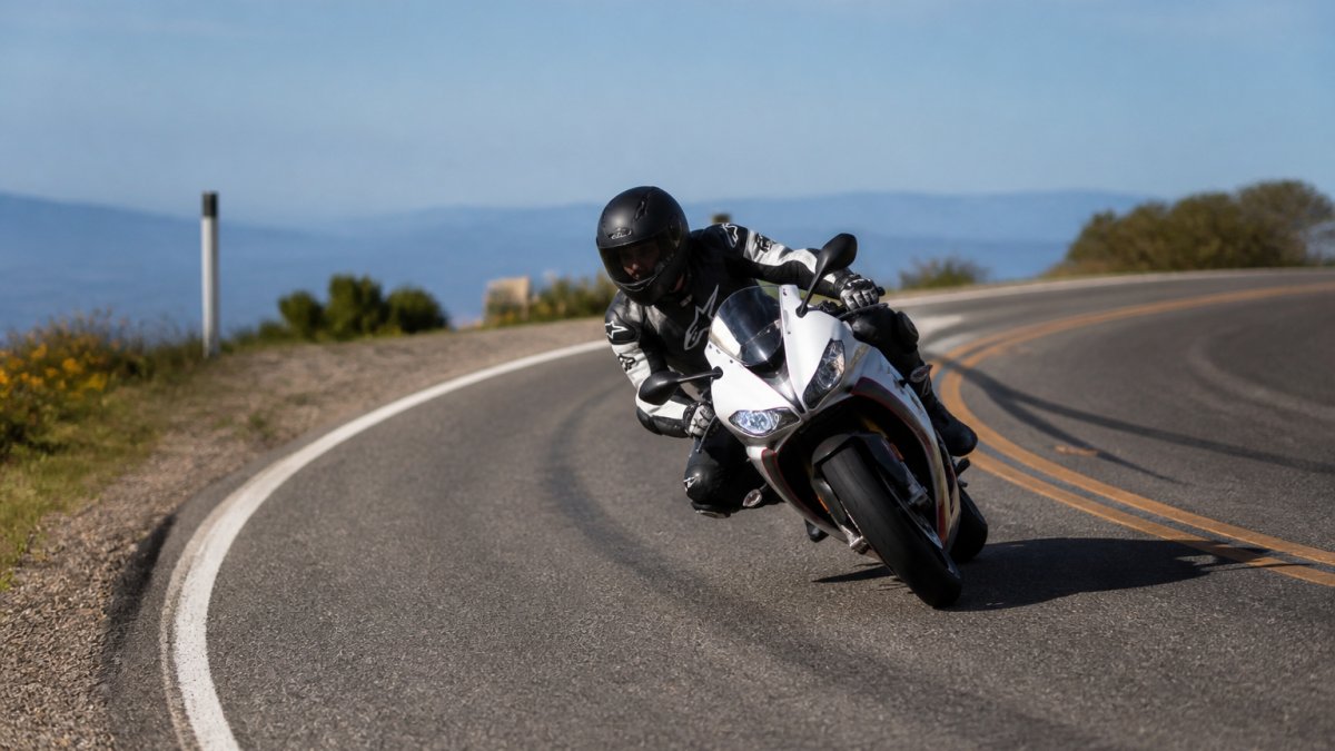 Experienced rider leaning into a sharp corner on the best 600cc sportbike for street riding on a paved road