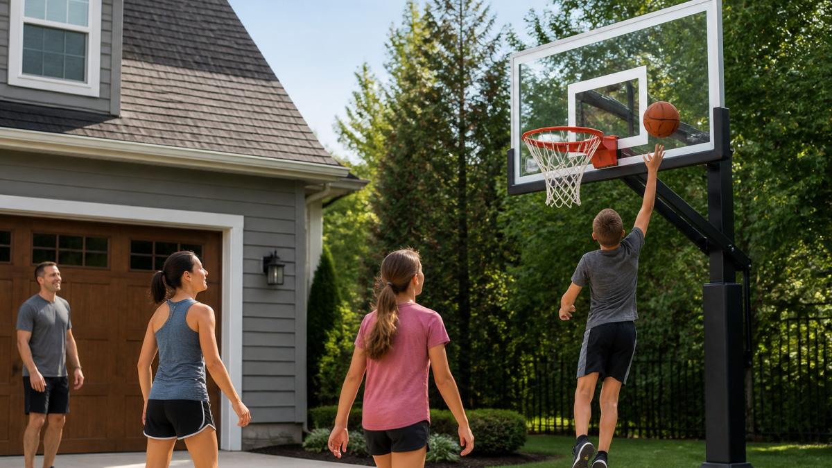 Family playing basketball on residential driveway with full-size 72-inch tempered glass backboard hoop, showing clear backboard and ball rebounding action with natural outdoor lighting