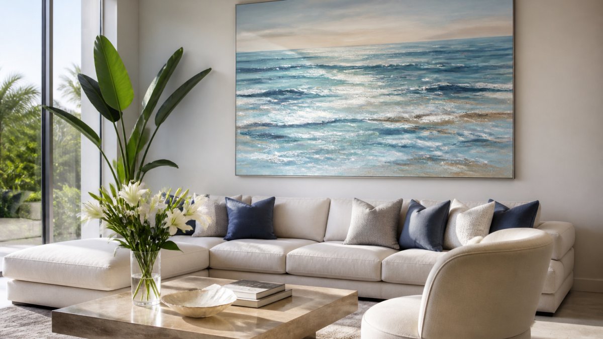 A large luminous abstract seascape canvas hung above a low-profile modern sofa in a bright living room with neutral walls and natural light