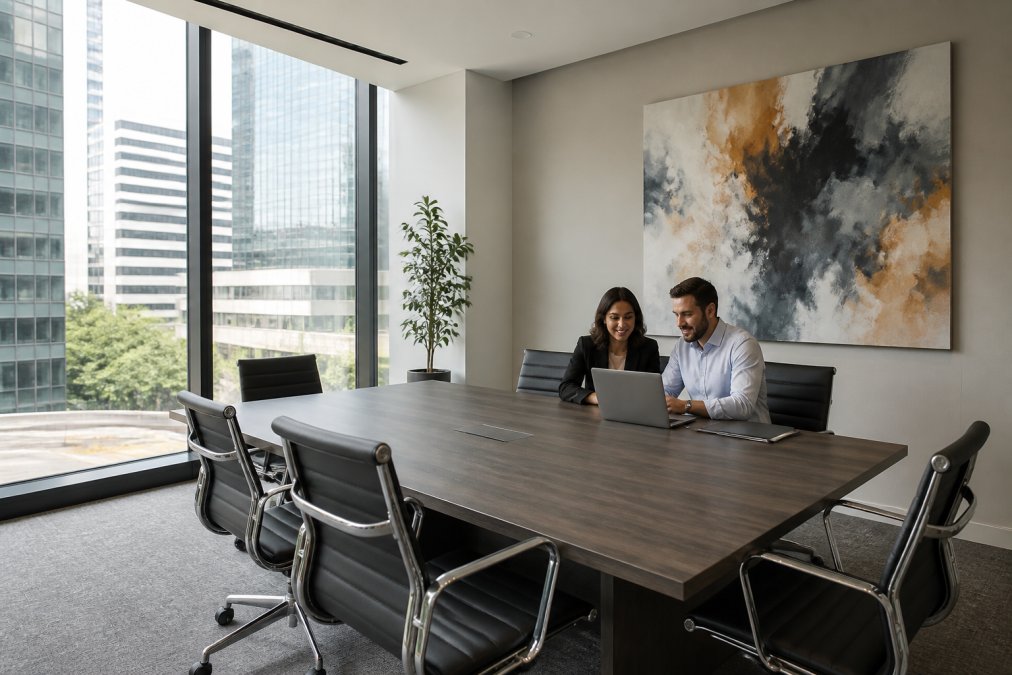 Professional conference room with large abstract canvas painting on wall, two employees collaborating at table with laptops, natural light from floor-to-ceiling windows, contemporary minimalist furniture and neutral tones