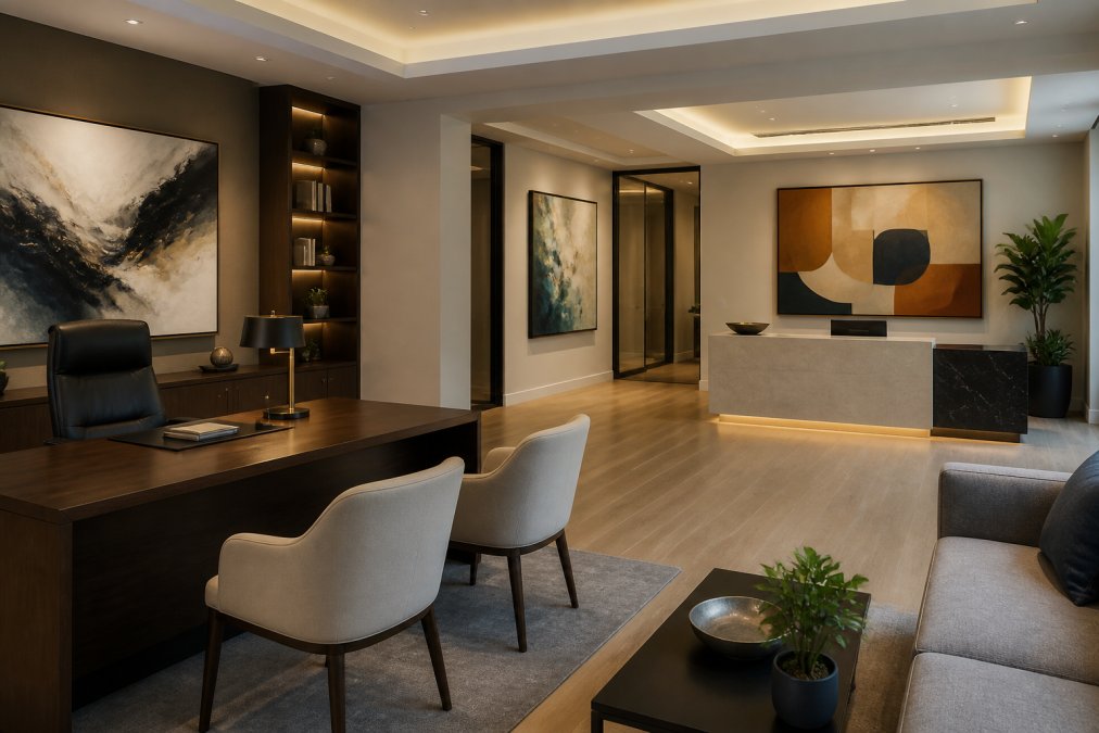 Executive office and reception area with multiple abstract artworks in different styles, geometric and flowing textured pieces creating visual balance, professional interior design with modern furniture, natural and warm lighting