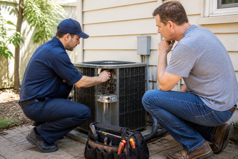 Professional HVAC technician in uniform conducting system inspection at outdoor condenser unit while homeowner observes from nearby