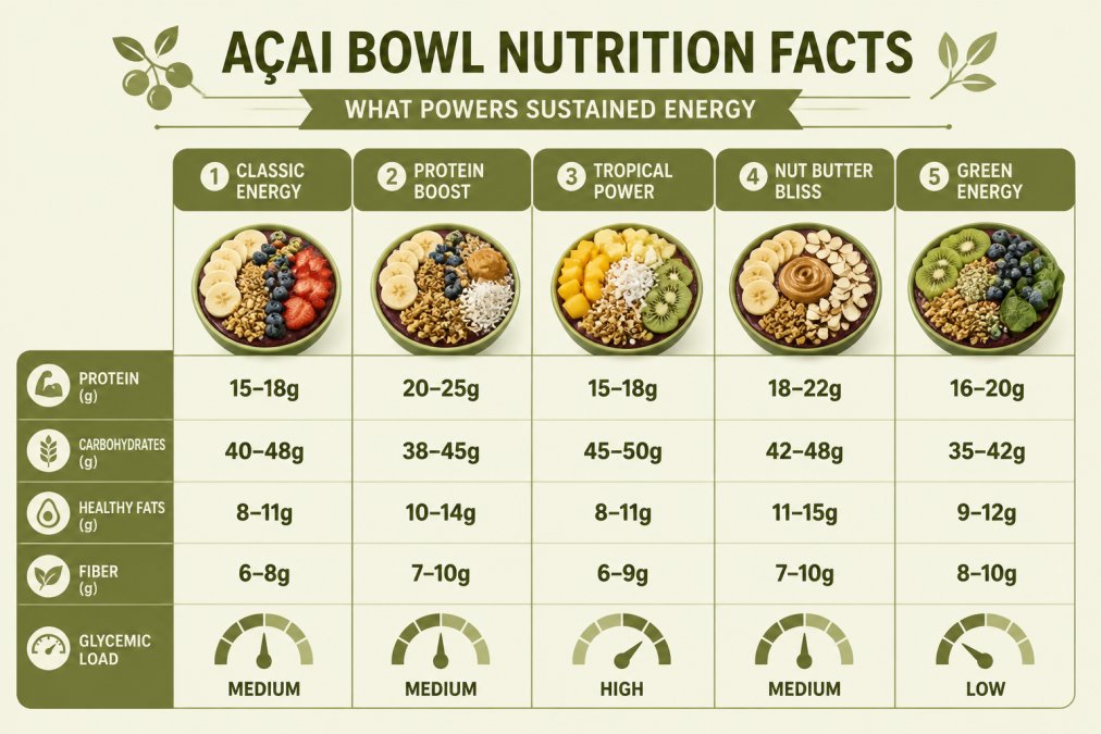 Comparison matrix showing macronutrient profiles across 5 acai bowl options: protein (15-25g), carbohydrates (35-50g), healthy fats (8-15g), fiber (6-10g), and glycemic load ratings