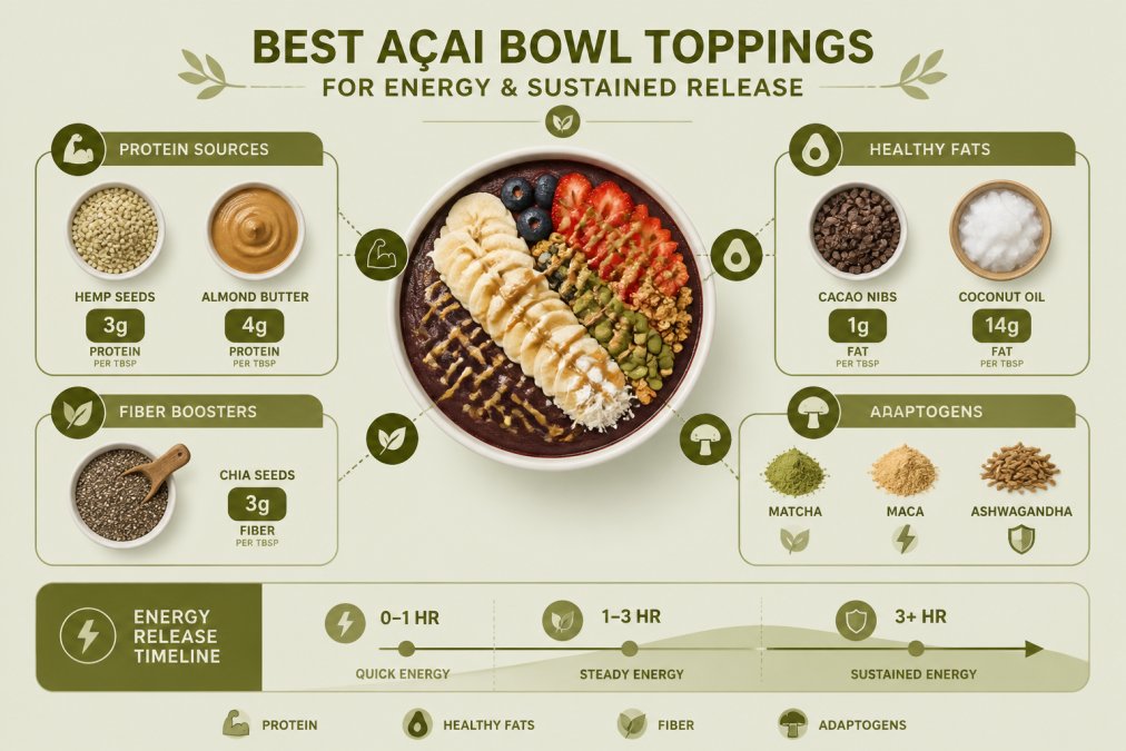 Visual breakdown of ideal topping categories with specific examples: protein sources (hemp seeds 3g protein per tbsp, almond butter 4g per tbsp), healthy fats (cacao nibs 1g fat per tbsp, coconut oil 14g per tbsp), fiber boosters (chia seeds 3g fiber per tbsp), and adaptogens with energy-release timing