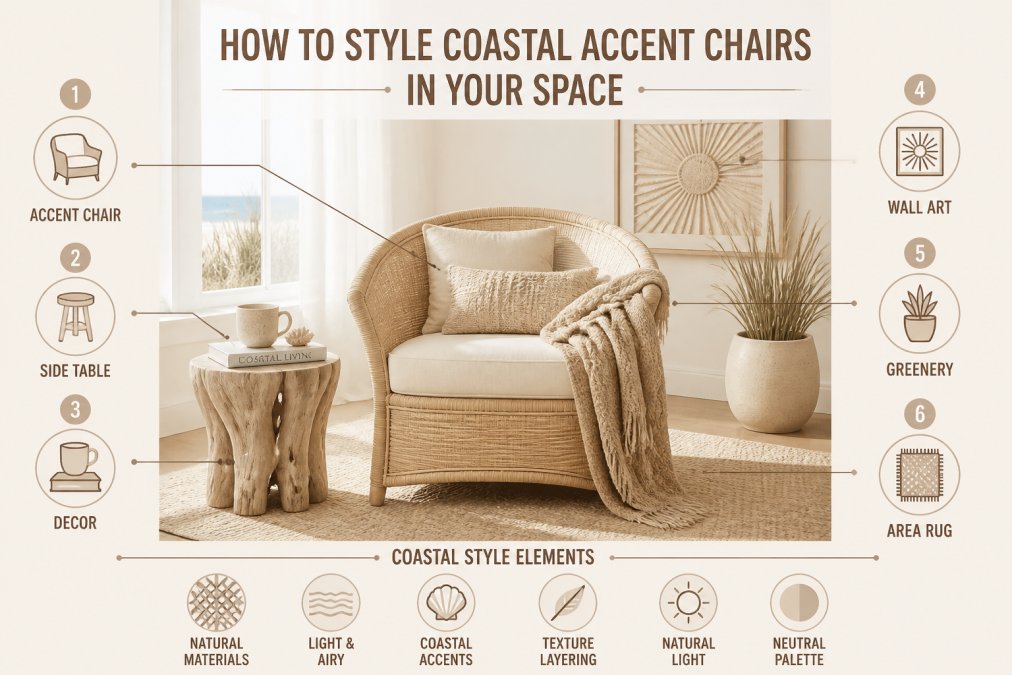 Bright coastal living room with a cream rattan barrel-back accent chair positioned near a large window with white sheer curtains, natural sunlight streaming across the chair, styled with a woven throw blanket draped over one arm, a small driftwood side table beside it holding a ceramic mug and coastal-themed book, soft neutral area rug beneath, textured wall art in the background