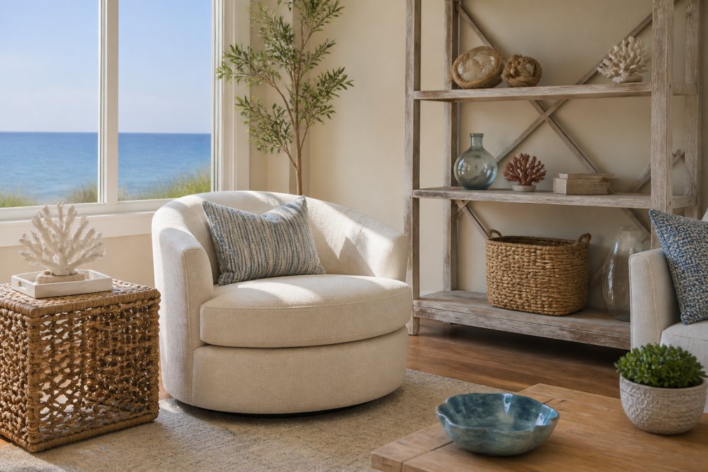 Serene coastal living room interior featuring a cream upholstered swivel accent chair as the focal point, soft neutral walls in pale sand tones, weathered driftwood shelving with subtle nautical textural elements like rope baskets and coral-colored accents, large window with ocean view, natural light creating soft shadows on the chair's fabric, warm wooden flooring with a light area rug, coastal artwork on walls