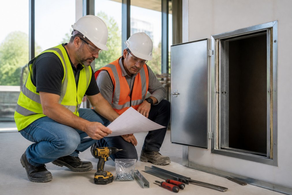 Two construction workers in hard hats reviewing printed spec sheets and installation hardware next to an open wall access panel on a commercial job site, bright natural light from nearby windows, drywall tools visible on the floor