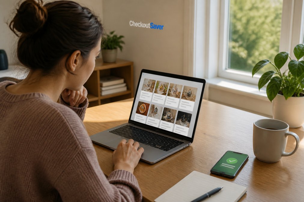 A person at a home desk using a laptop to browse a coupon trading platform, with a smartphone showing a cashback app and a coffee mug nearby, bright natural lighting