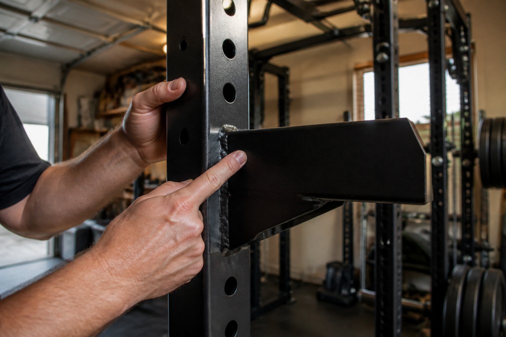 Close-up photograph of hands inspecting the weld joints and powder-coated finish on a heavy-duty steel power rack in a home gym setting, warm garage lighting