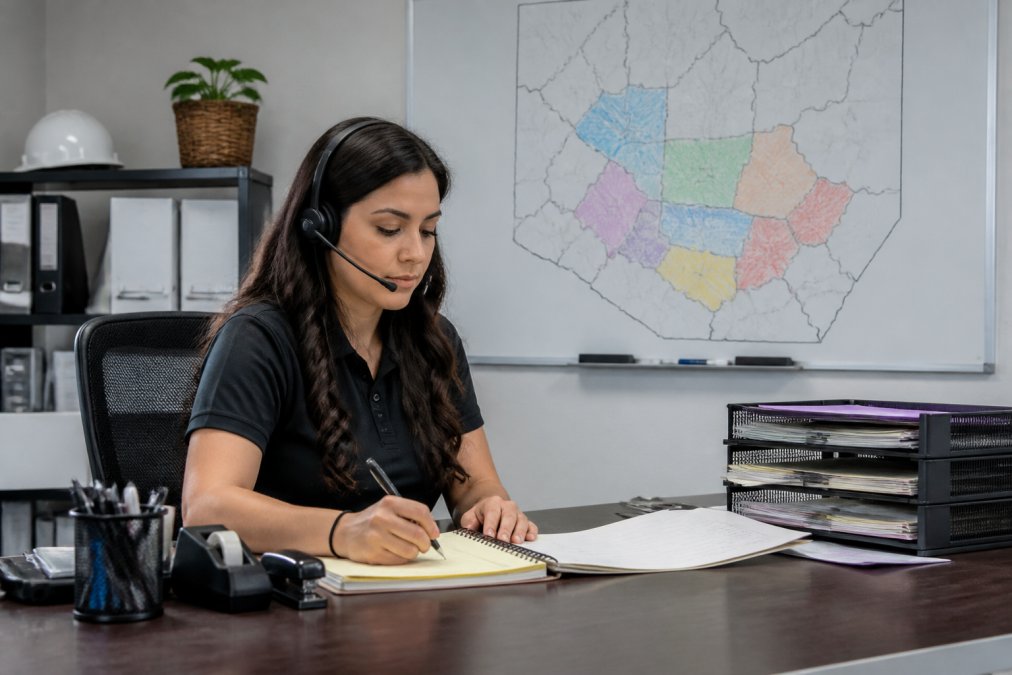 A home services office manager working at a desk with a headset, scheduling dispatch on a computer screen, with a whiteboard showing service areas in the background