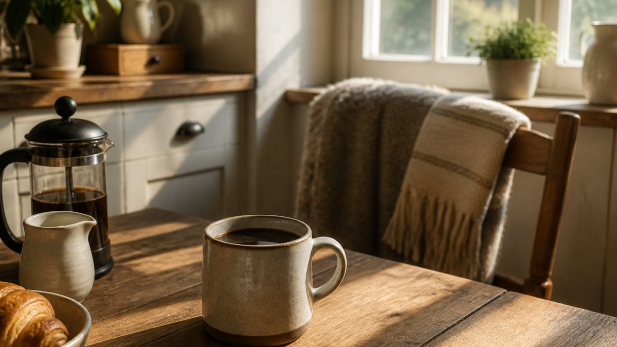 Infographic illustrating the essential elements for a relaxing and cozy morning coffee routine