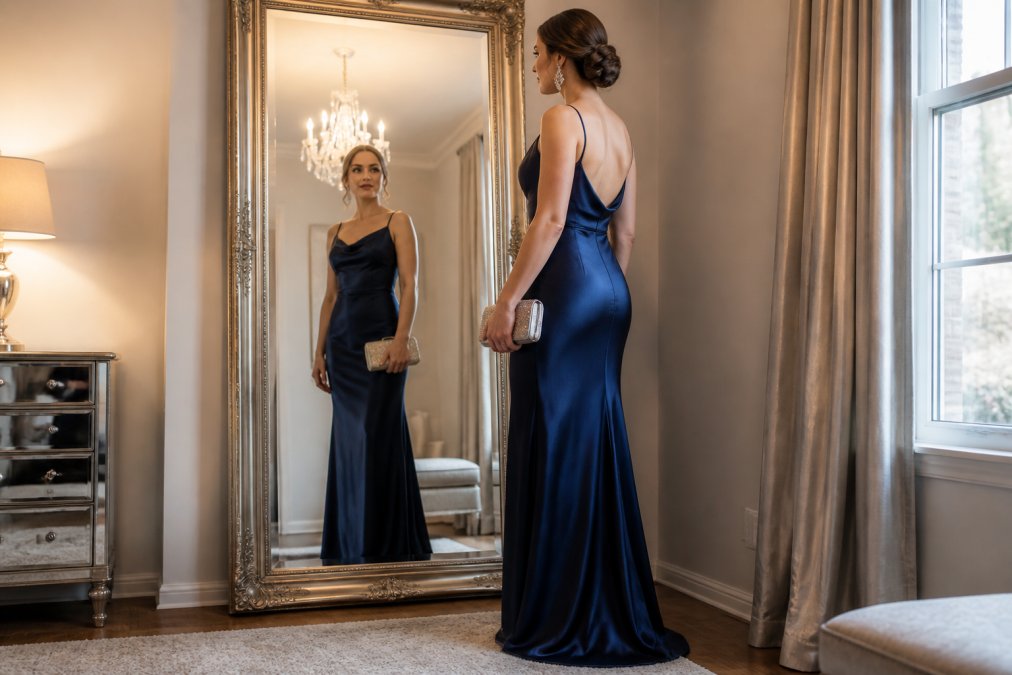 A woman in a floor-length satin evening gown standing in a softly lit room, wearing chandelier earrings and holding a small metallic clutch, with a full-length mirror showing her complete head-to-toe look