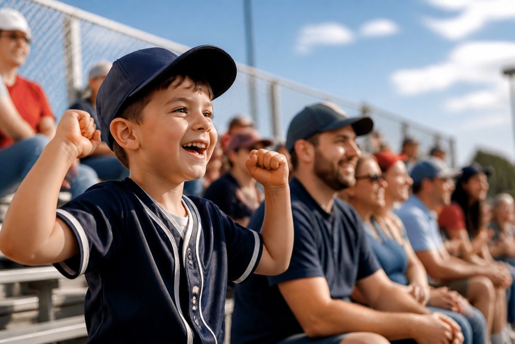 A happy child wearing a baseball cap and team jersey, cheering from a bleacher at a youth sports game, with other families blurred in the background