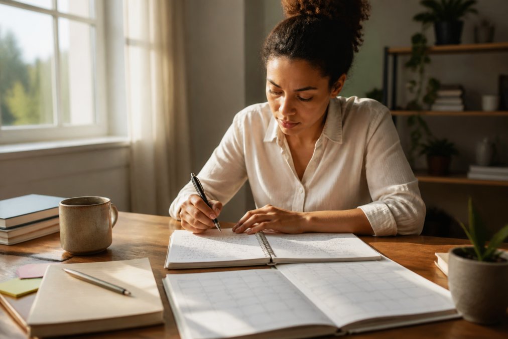 Person sitting at a desk in morning light, reviewing handwritten progress notes and calendar with a focused, determined expression, natural window lighting