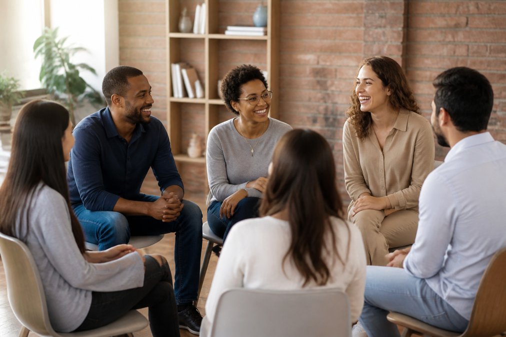 Diverse group of people in a supportive circle, smiling and engaged in genuine conversation about shared personal growth goals, warm natural lighting
