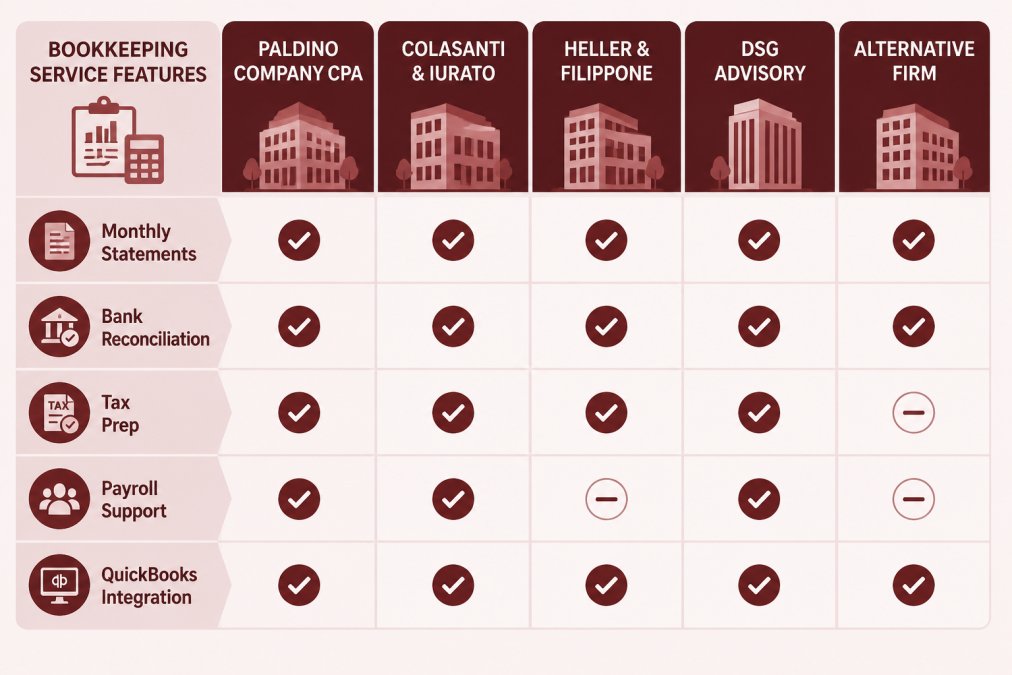 Comparison matrix of bookkeeping service features across five firms: monthly statements, bank reconciliation, tax prep, payroll support, and QuickBooks integration for Paldino Company CPA, Colasanti & Iurato, Heller & Filippone, DSG Advisory, and one alternative