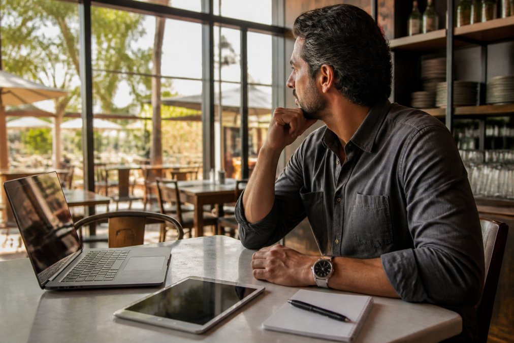 Restaurant owner reviewing financial reports on a laptop screen with a tablet and notepad on the desk in a modern restaurant office setting, natural morning light streaming through windows