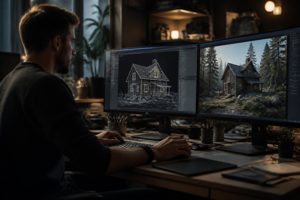 A 3D artist working at a multi-monitor workstation, inspecting a rendered scene with visible wireframe overlays on one screen and a completed frame on another, dim studio lighting