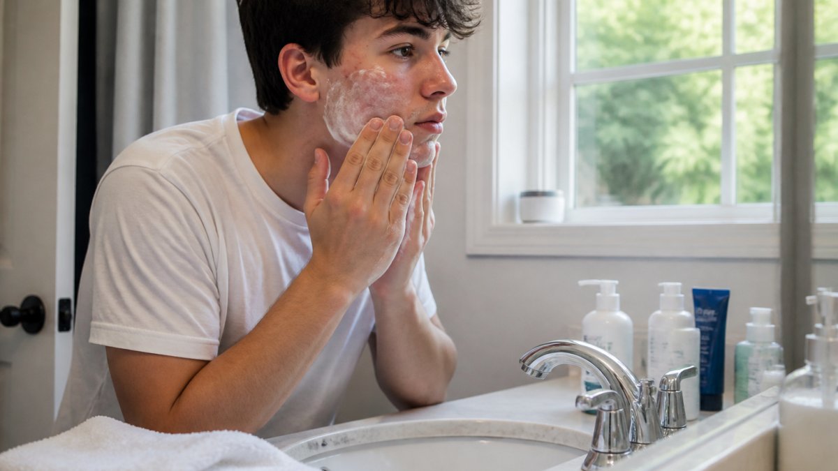 A teenager with acne-prone skin standing at a bathroom sink, gently applying a cleanser with a soft towel nearby, natural morning light, realistic and unfiltered