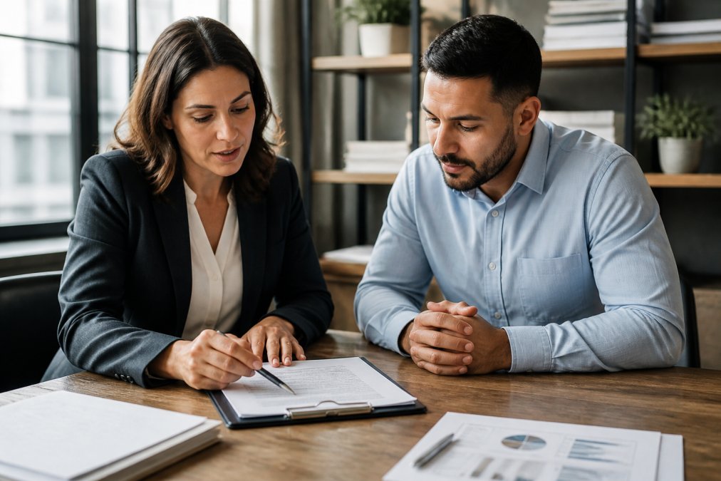 Professional insurance agent discussing coverage options with small business owner at desk, reviewing policy documents together in modern office setting with natural lighting