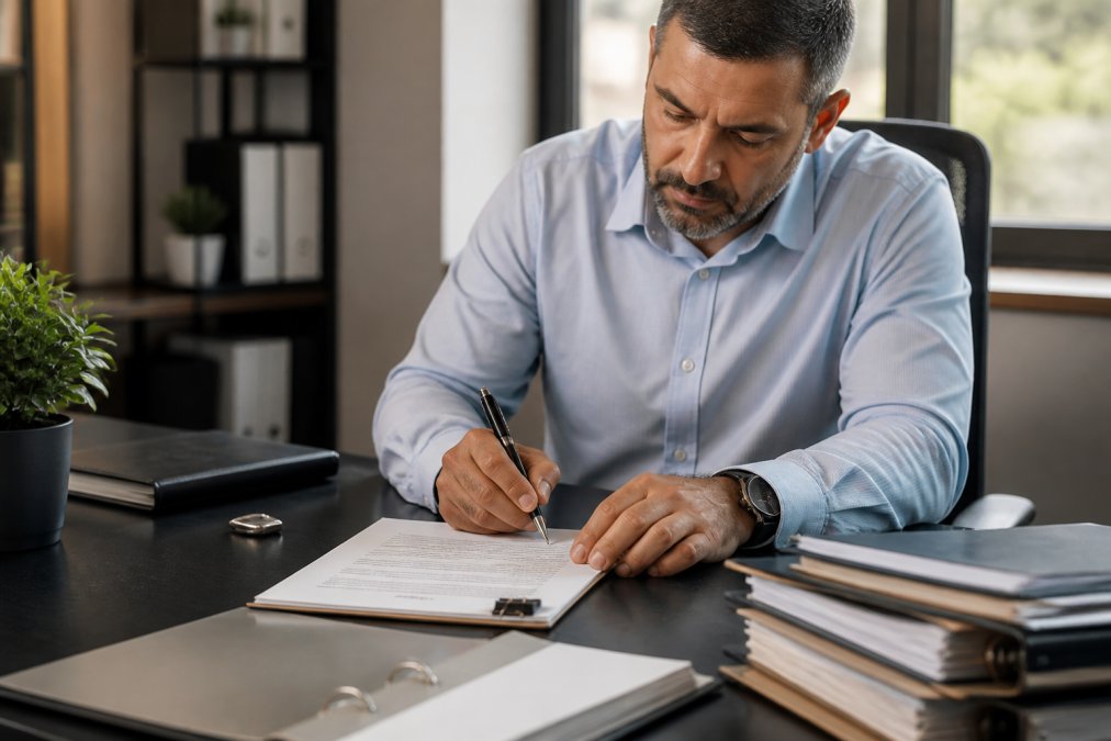 Business owner signing insurance documents with pen, organized policy folders and files visible on desk in professional office setting