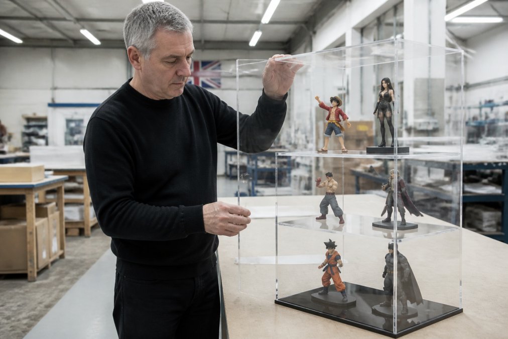 Professional craftsman inspecting a premium acrylic display case with polished edges and removable shelves, showcasing collectible figurines in a bright UK factory workshop