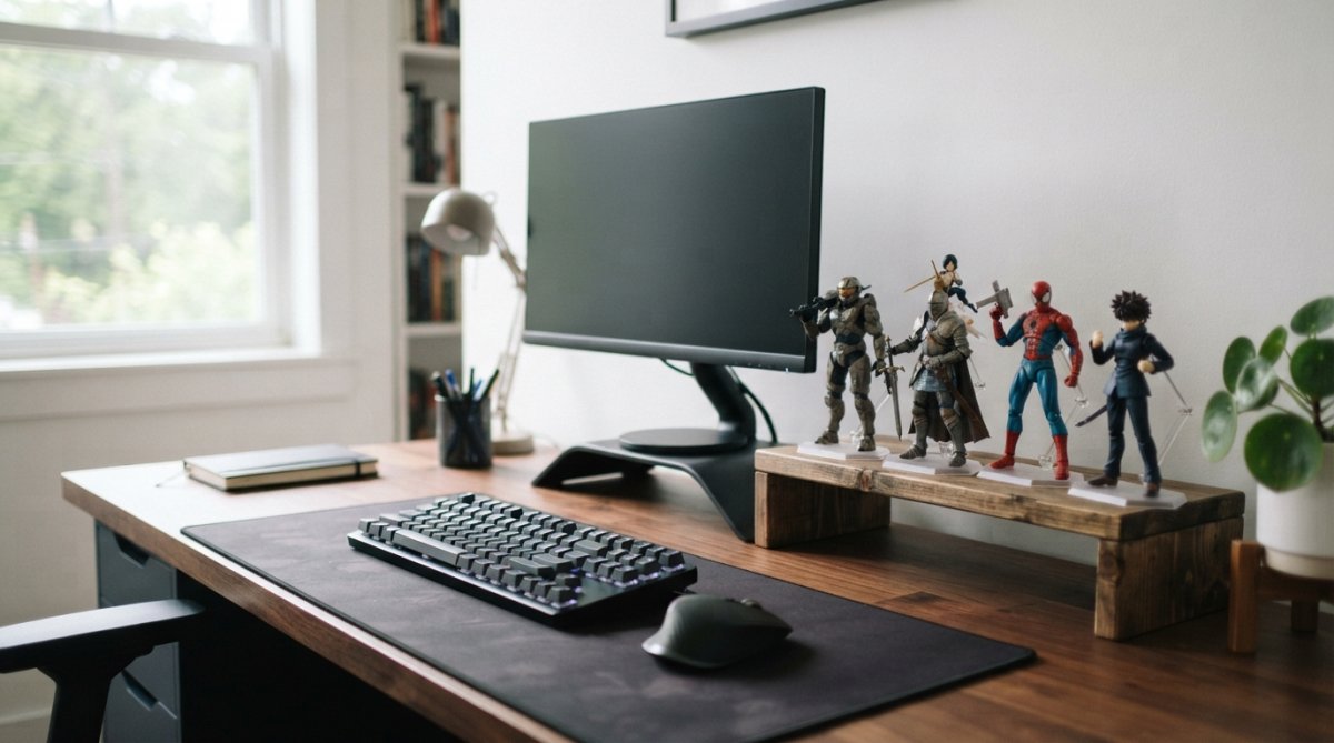 Action figures arranged on a small shelf above a tidy desk with a monitor and keyboard in natural light