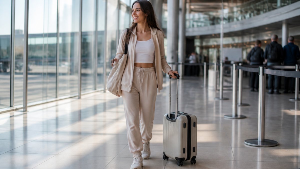 A woman in relaxed jogger-style activewear walking through a bright airport terminal with a carry-on bag, comfortable and unhurried