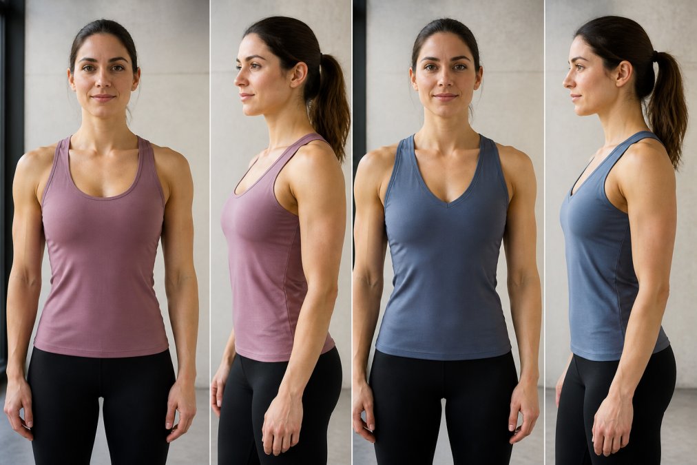 Woman with broad shoulders wearing a fitted scoop neck gym top and a v-neck gym top, photographed from the front and side angles in natural studio lighting to show how different necklines frame and balance the shoulders