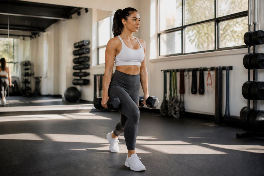 Petite woman wearing high-waisted leggings with a fitted cropped sports top in a bright, modern gym studio with mirrors and natural lighting, demonstrating proper proportional fit during a workout
