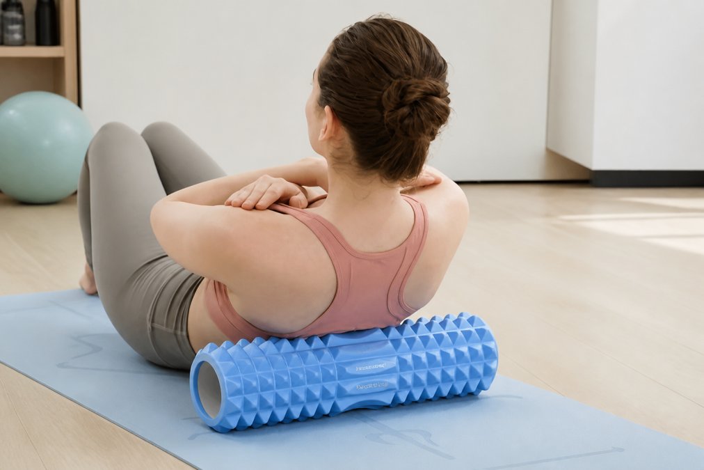 Person using cordless massage roller on back and shoulders while seated on recovery mat, demonstrating proper technique for post-workout muscle relief with focused concentration