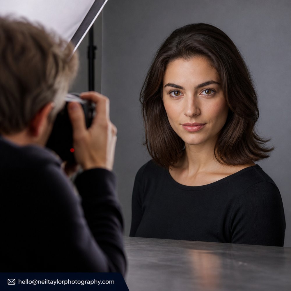 Professional actor in studio setting with neutral grey background, natural directional lighting highlighting facial features and eye contact, wearing simple dark fitted top, confident and approachable expression, shot from shoulders up