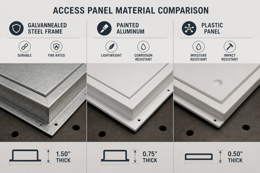 Close-up view of different access door materials and finishes displayed on a workbench, showing galvannealed steel frame, painted aluminum option, and plastic panel side by side with visible differences in thickness and surface texture