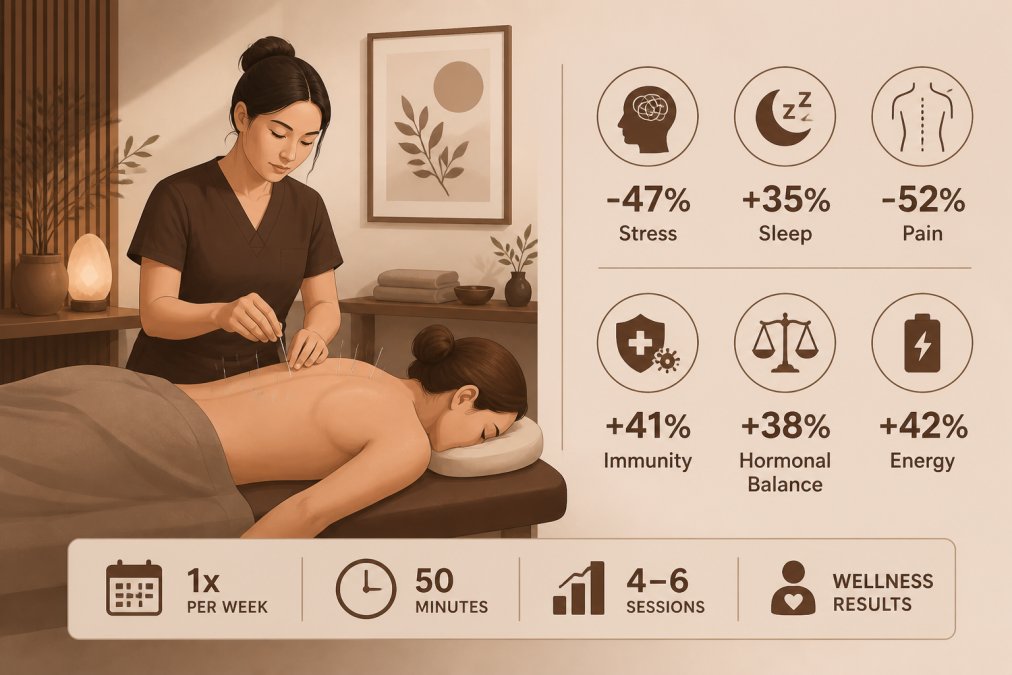 Licensed acupuncturist performing treatment on patient lying on treatment table in calm, warm clinic setting with soft lighting and natural wood elements
