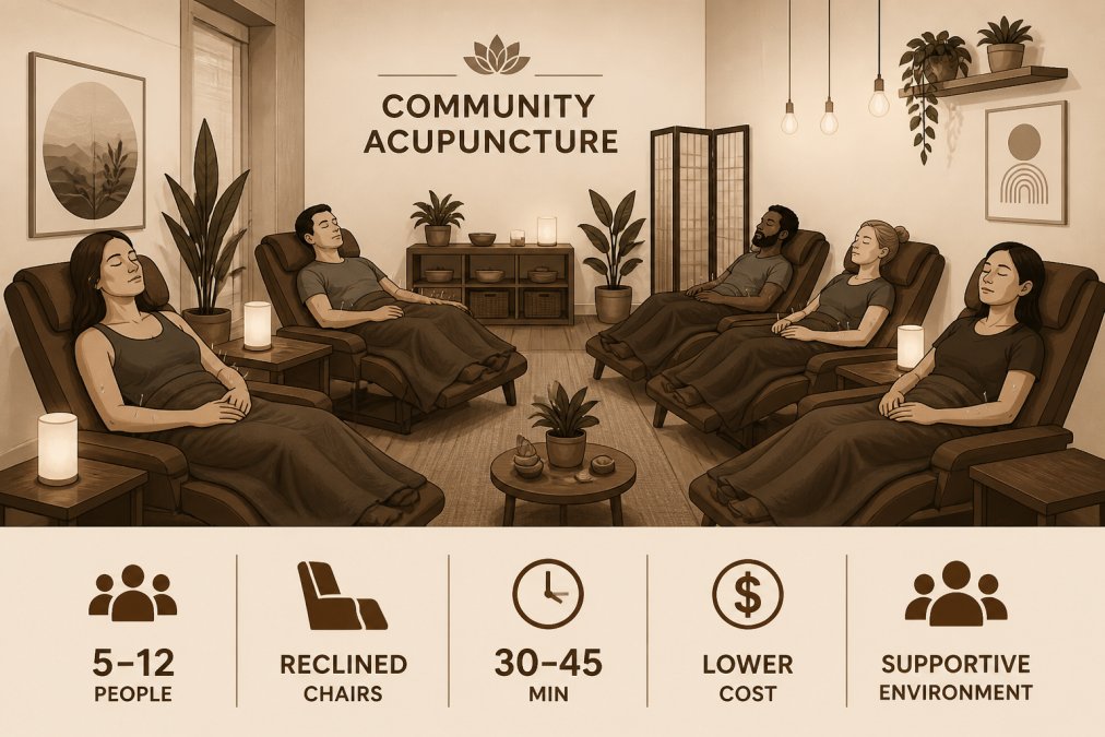 Wide view of community acupuncture room showing multiple reclined chairs with patients in a shared open space with warm lighting and calming decor