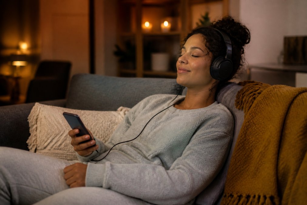 Person relaxing on a couch wearing comfortable clothing with headphones on, listening to audio content on a smartphone in a warm, dimly-lit home setting with soft evening lighting