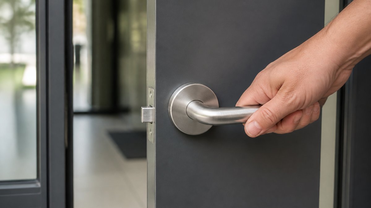 Close-up of a hand gripping a modern stainless steel lever handle on a commercial door, showing the smooth return-to-door design and accessible shape